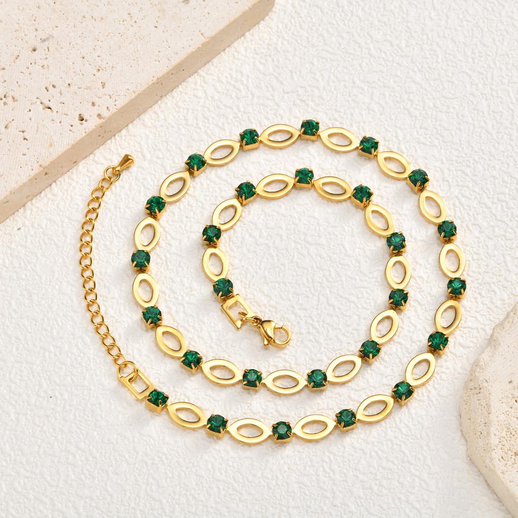 18K Gold Plated Stainless Steel Rhinestone Hollow Oval Handmade Chain Necklace, Luxury Sparkling Jewelry Women 2261