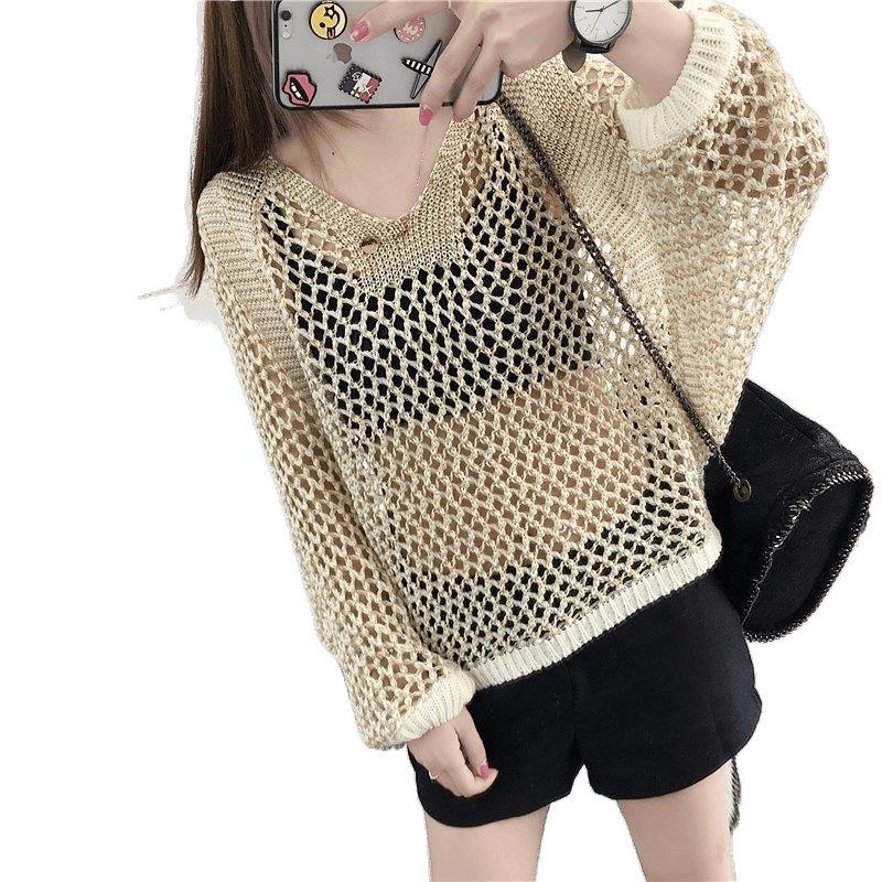Women's Loose Batwing Sleeve V-Neck Knit Top - Korean Style for Spring/Summer