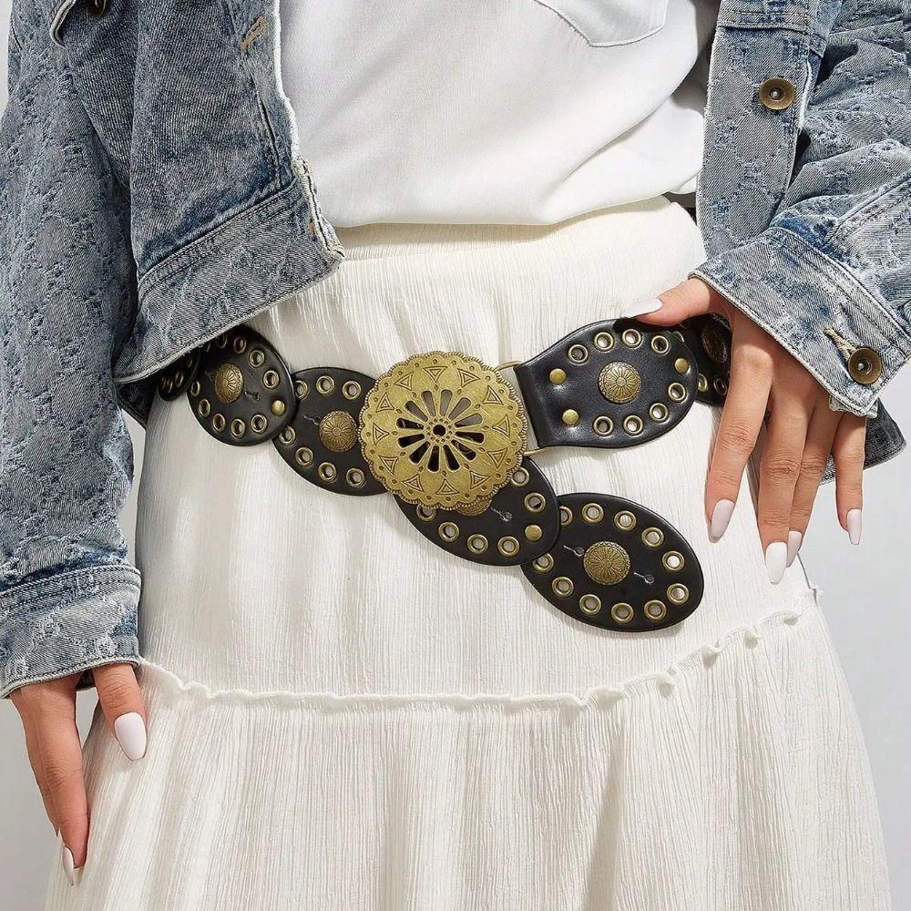 Round Western Style Cowboy Belts Y2K Ethnic Style Waistband Hollow Out Belts  Jeans Decorative
