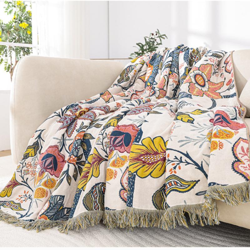 1pc Boho Floral Cotton Gauze Blanket with Tassels | Lightweight Vintage Flower Print Throw Blanket for Bed & Couch