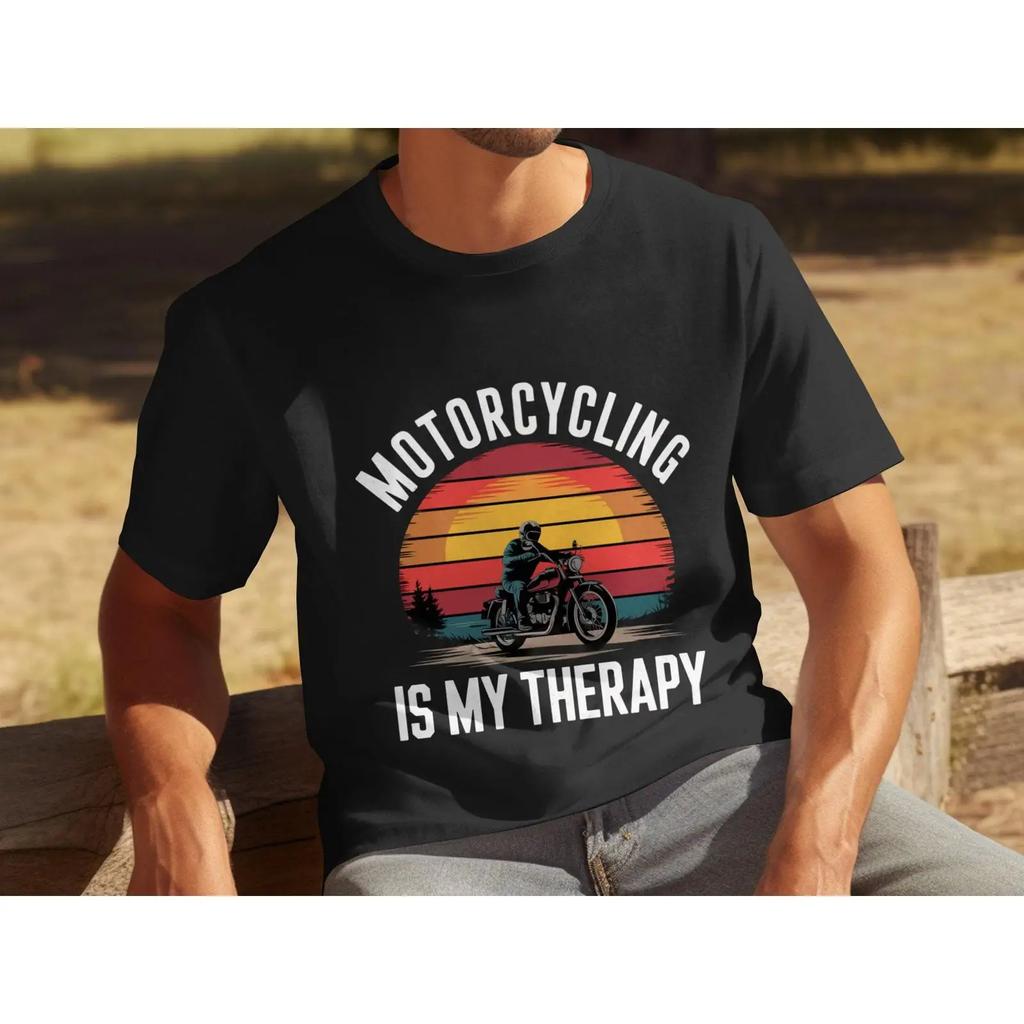Vintage Sunset Motorcycling Is My Therapy Unisexs T Shirt Funny Biker Humor Casual Motorcycle Rider Lover Top Vintage
