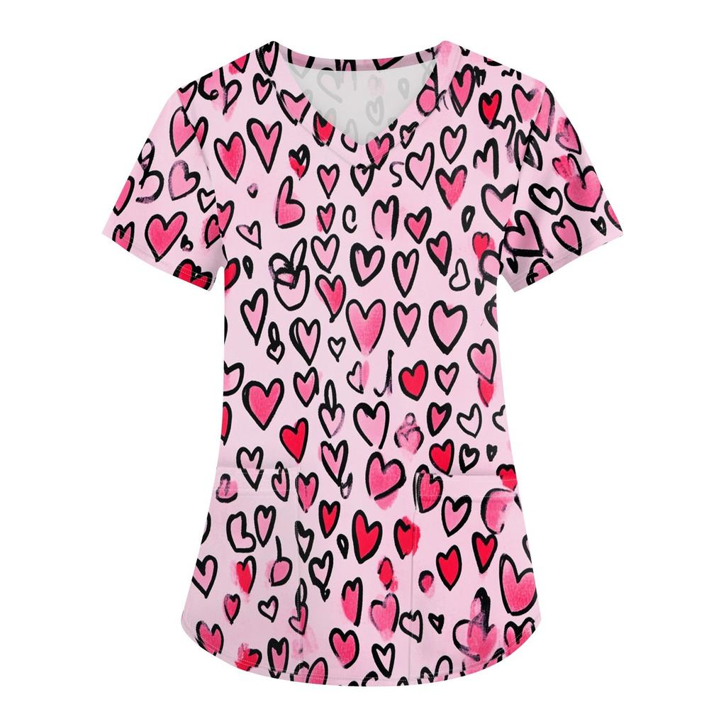 Women's Fashion V-neck Short-sleeved Work Clothes With Pockets Valentine's Day Print Top Care Wear