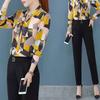 Women's Clothing Contrasting Colors Geometric Printed Blouse Spring Autumn Long Sleeve Scarf Collar Commute Button Bow Shirt New