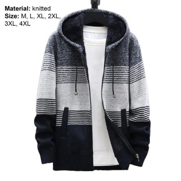 Thicken Plush Warm Cardigan Sweater Knitted Coat for Men Color Block Hooded Autumn Winter Daily Wear