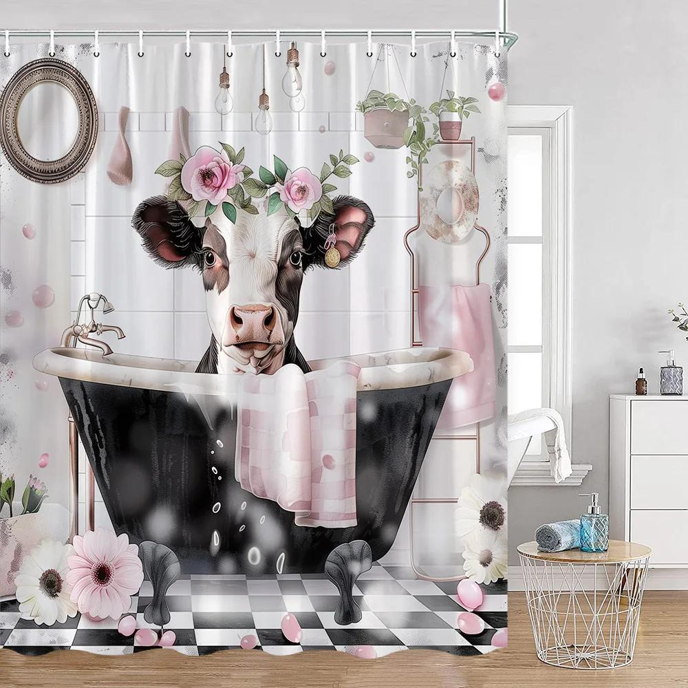 Lustige Badetiere Duschvorhänge Hochlandrinder Kuh Badewanne Druck Badezimmerdekorationen Cartoon Polyester Badvorhang