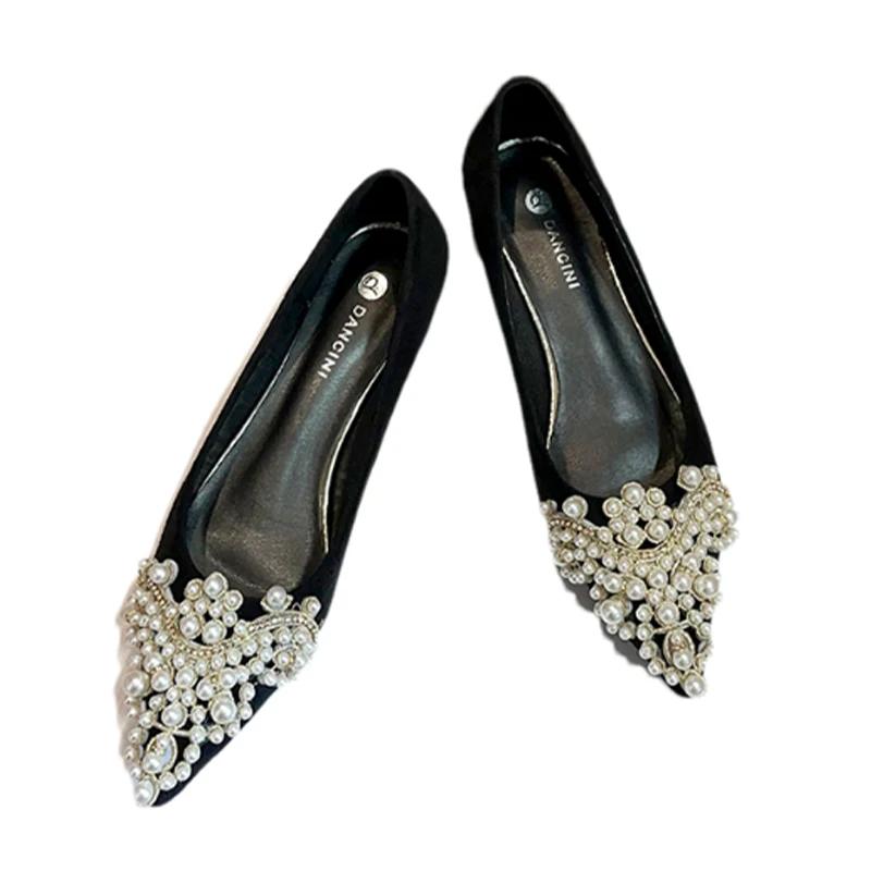 Pearl Pointed Toe Chunky Women Shoes Mid Heels Shallow Sandals Elegant 2025 Summer Pumps Loafers Sexy Zapatillas De Mujer