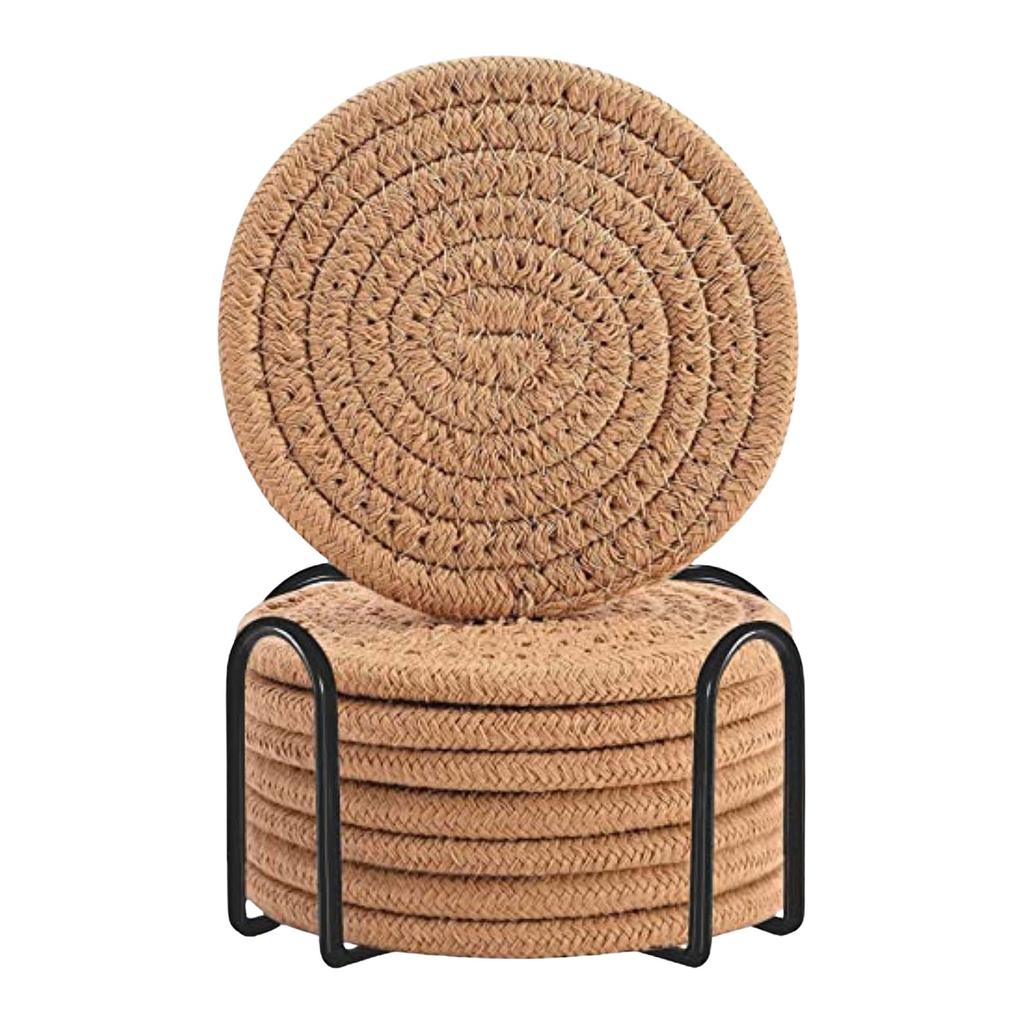 Cotton Rope Placemat 8-piece Set With Stand Household Cotton Thread Dining Table Insulation Mat  Mat Pot Mat