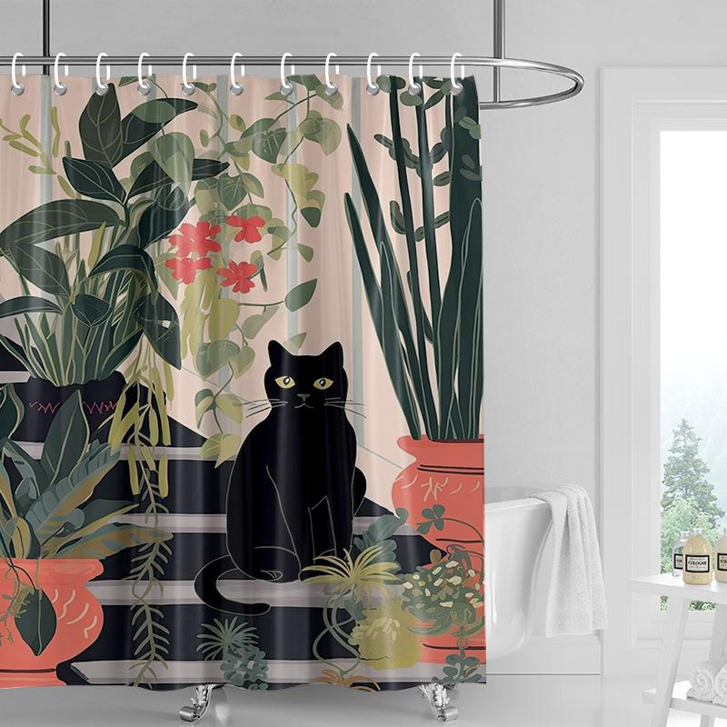 Abstract Art Cat Theme Shower Curtain 180x 200cm Waterproof Mildew-proof Bathroom Curtain Bathroom Ins Wind Decorative Curtain