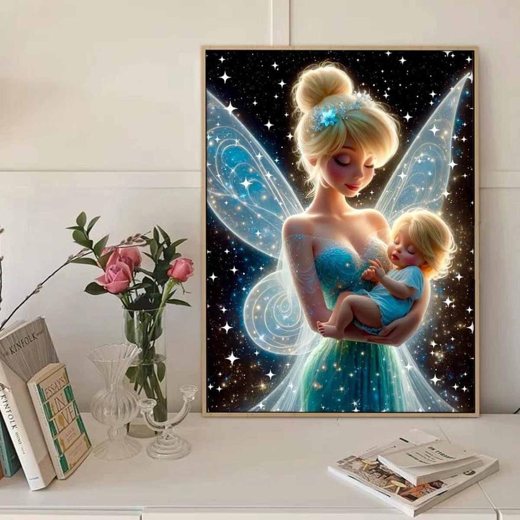 Diamond Mosaic Colorful Diamond Painting Tinker Bell and The Child Full Round Embroidery Cartoon Creative Hobbies Wall Decor