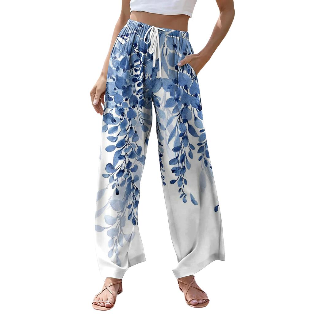 Women's Casual Retro Floral Print Wide Leg Drawstring Pocket Beach Casual Pants