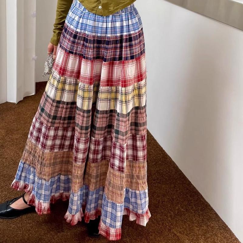 Women's Summer Sweet Fresh Plaid-Paneled A-Line Skirt - Vintage Gentle High-Waist Midi Skirt with Design-Forward Flair