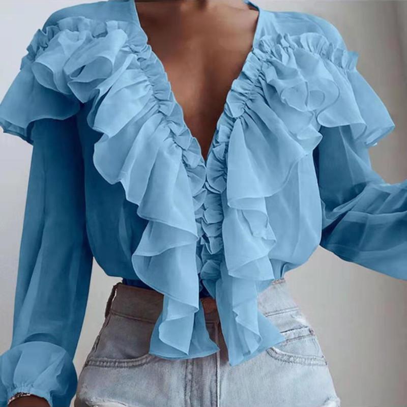 Camicetta pullover con volant in chiffon a maniche larghe in tinta unita di grandi dimensioni con colletto