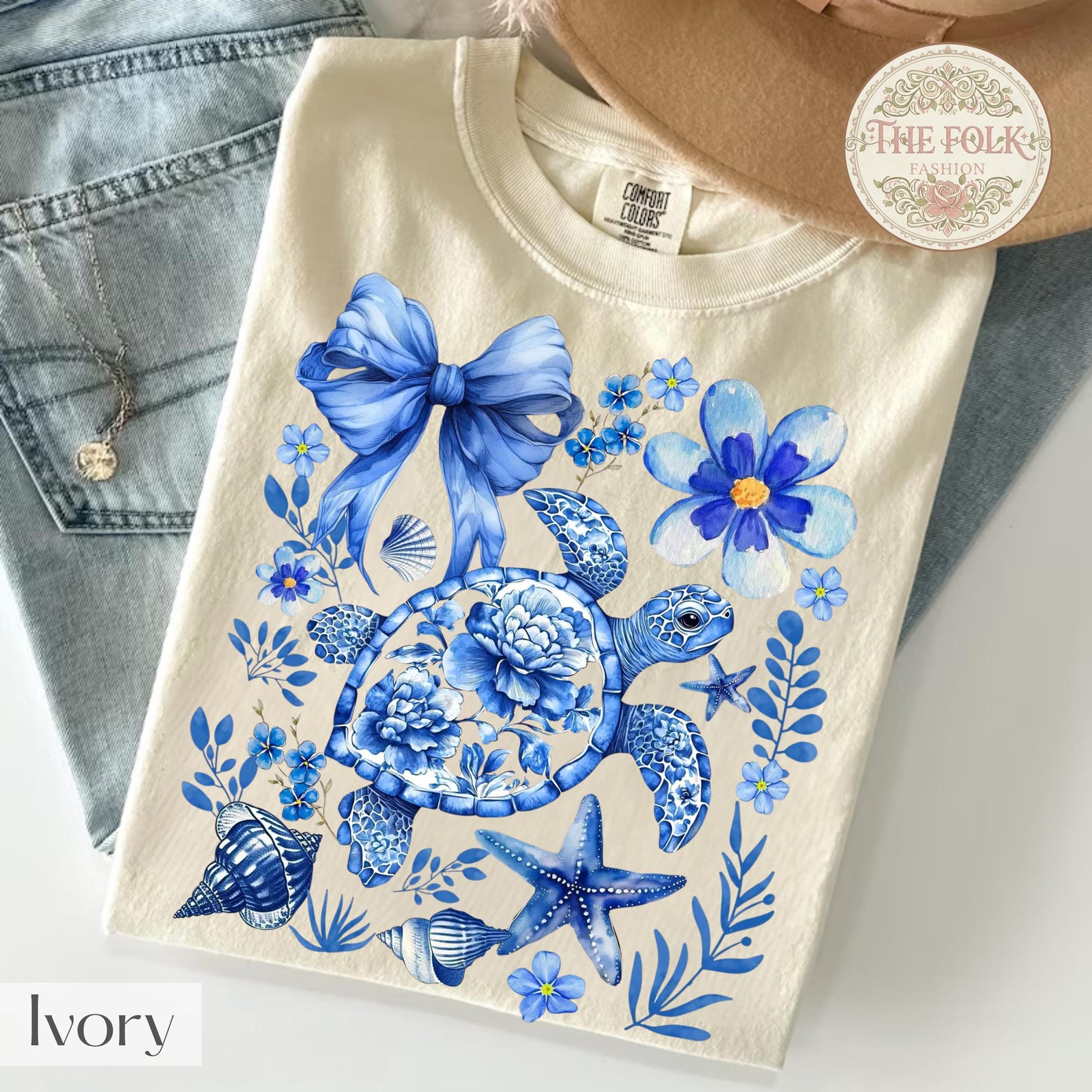 Blue Sea Turtle Bow Shirt, Chinoiserie Coastal Coquette Tee, Watercolor Ocean Turtle T-Shirt, Comfort Colors Beach Life Tee, Preppy Sea Life L