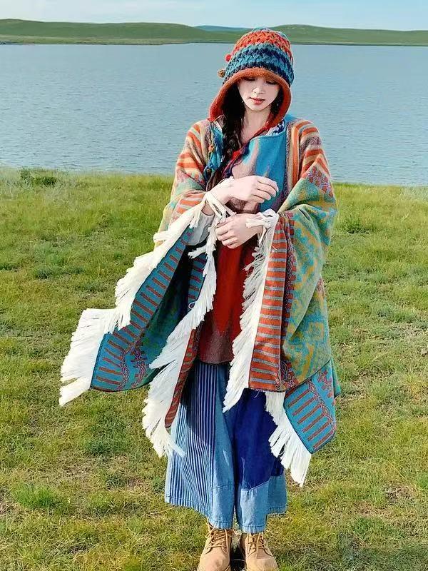 Ethnic Style Knitted Shawl Pullover Cape - Women's Warm Travel Cloak
