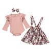 Toddler Long Sleeve Romper+Floral Print Suspender Skirts Outfits