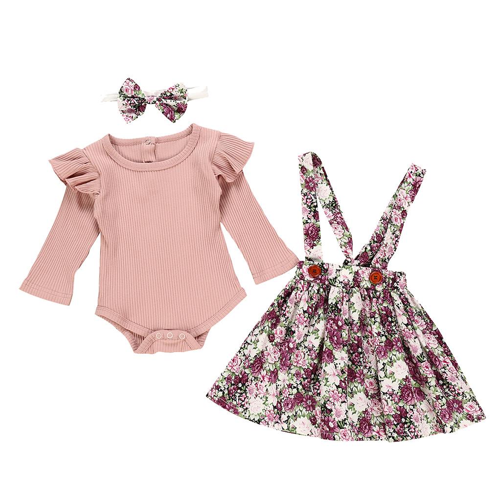 Toddler Long Sleeve Romper+Floral Print Suspender Skirts Outfits