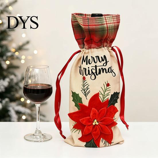 Christmas Party Table Decorations Wine Gift Bag, Reusable Burlap Bottle Cover with Drawstring, Plaid Bags Xmas Tree Gnome Truck Print Sleeves