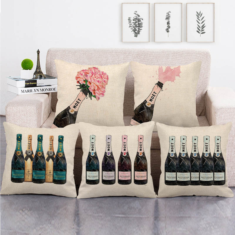 Champagne Bottles and Flowers Digital Printing Short Plush Pillow Covers for Car Sofa Office Cushion Cover Home Goods