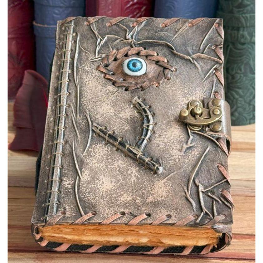 Handmade Leather Spellbook Journal - 7x5 Inch Fantasy Notebook with Eye Design, , Gothic Horror Grimoire, Evil Eye, Halloween