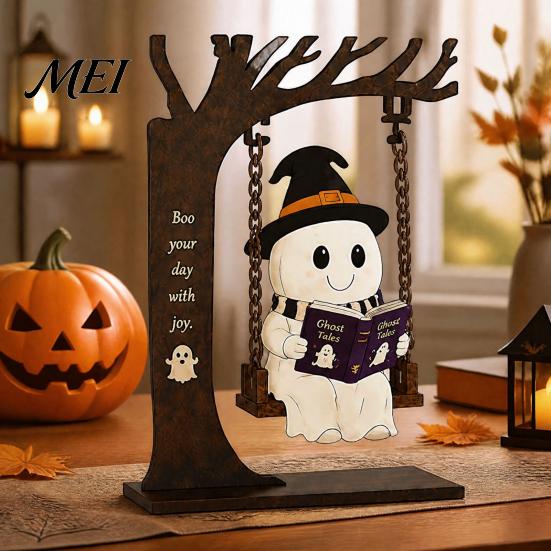 Halloween Celebration Accessories Funny Swing Ornament, Witch/Skeleton/Mummy/Pumpkin Ghost Sitting on Decorative for Party Reading Book Figurine