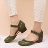New European and American One-word Belt Imitation Leather Green Round Head Thick Heel Buckle Fashion Sandals