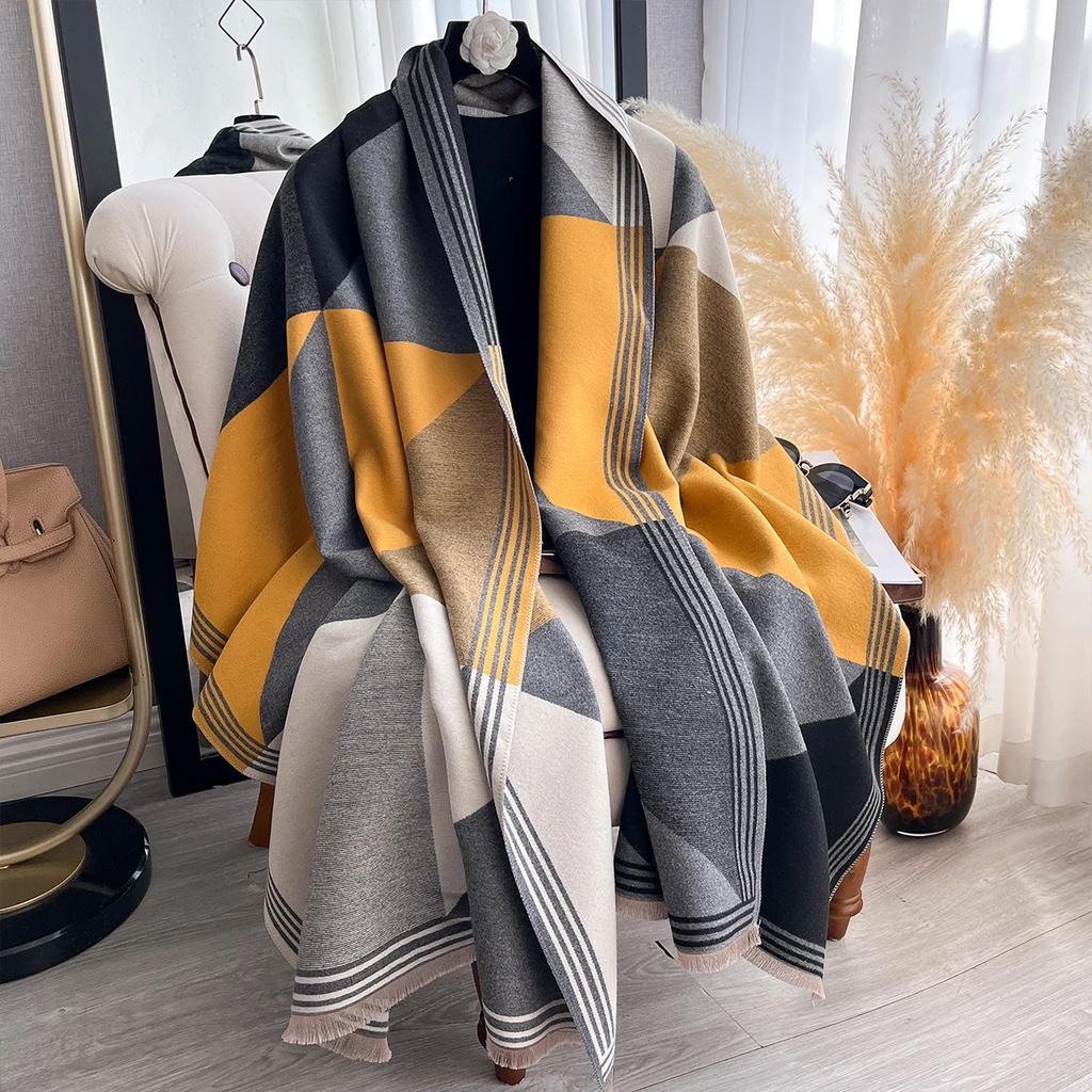 Winter Blanket Scarf Shawl For Women Warm Pashmina Geometric Color Blocks Print Wrap Imitation Cashmere Foulard Scraves
