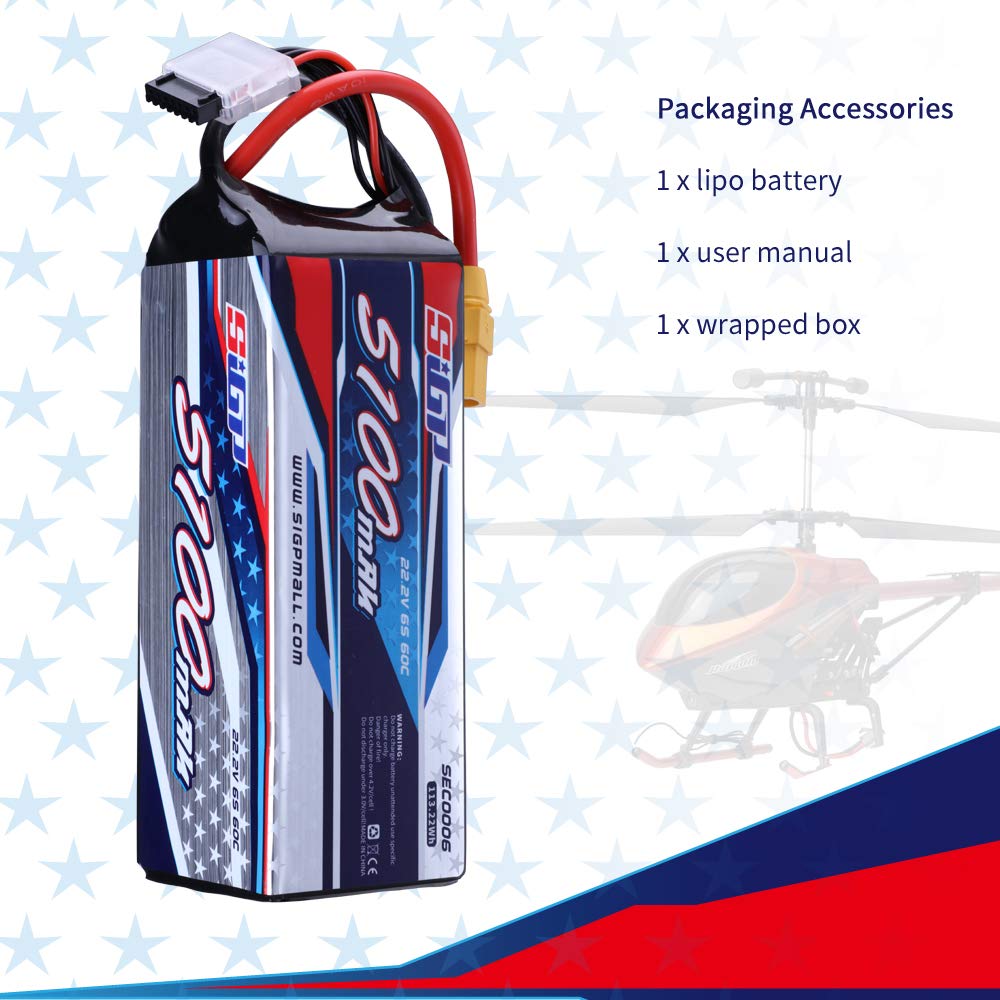 SIGP 6S 22.2V LiPo 5100mAh 60C with XT90 Plug for Remote Control Aircraft, Quadcopter, Drone, FPV, Helicopter Racing Hobbies