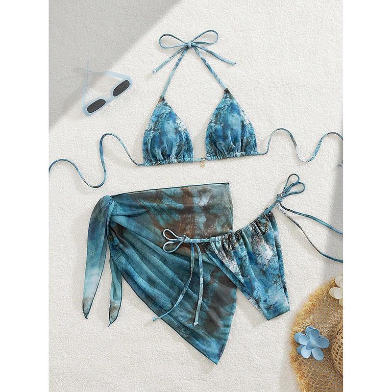

Women s 3 Piece Bikini Set Apron Style Cover Up Retro Print Adjustable Ties Swimsuit Sexy Lace Up Thongs Beach Clothes New XL синій