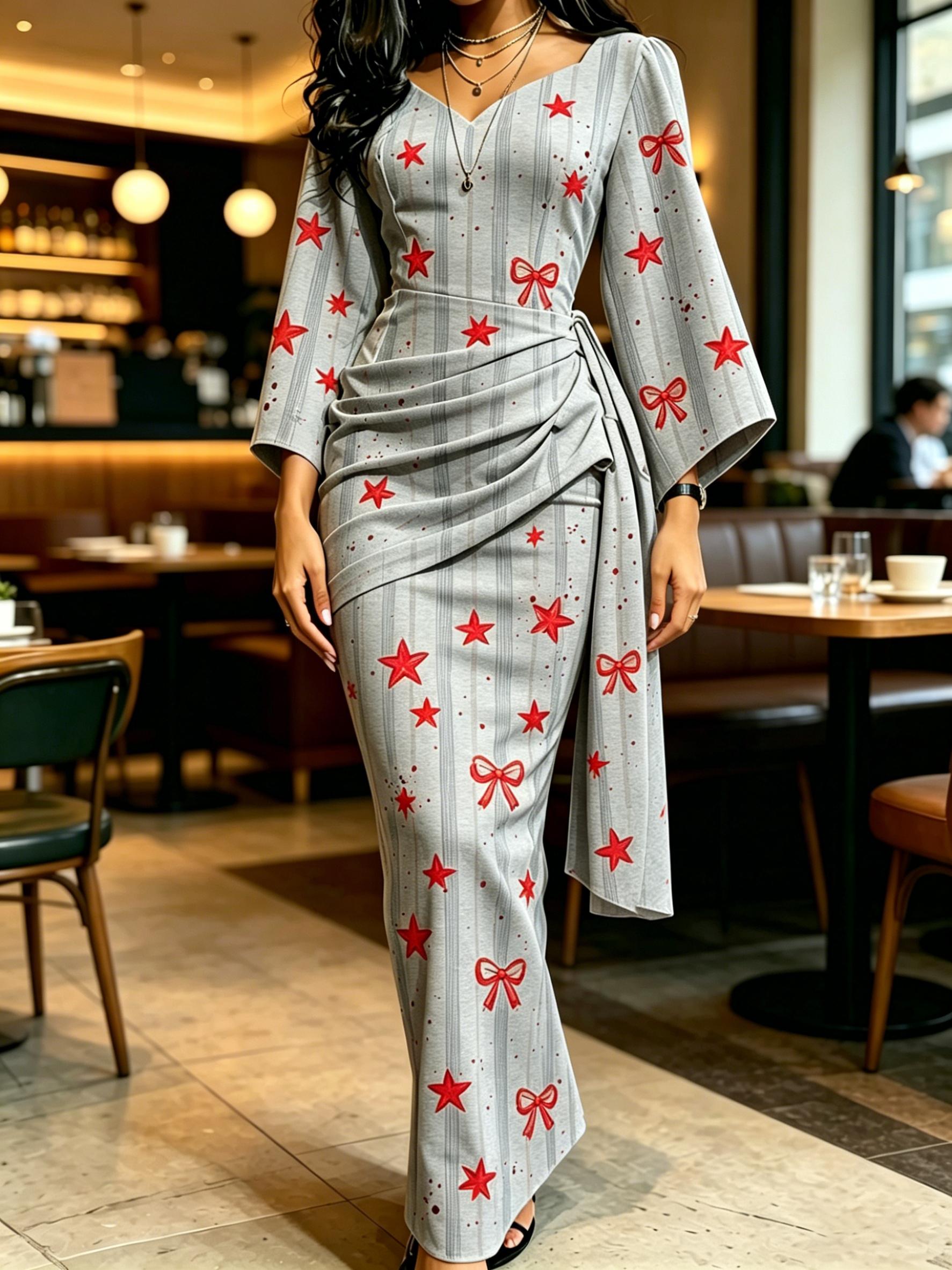Women s Grey Red Star Bow Print Wrap Maxi Dress V Neck Flare Sleeve Sweet Party Dress XS