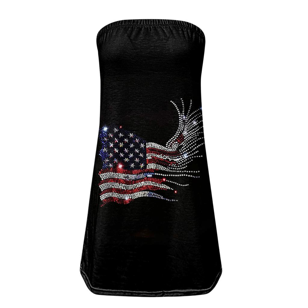 Women's Summer Sexy Strapless Off-Shoulder Elastic Band Design Independence Day Print Top