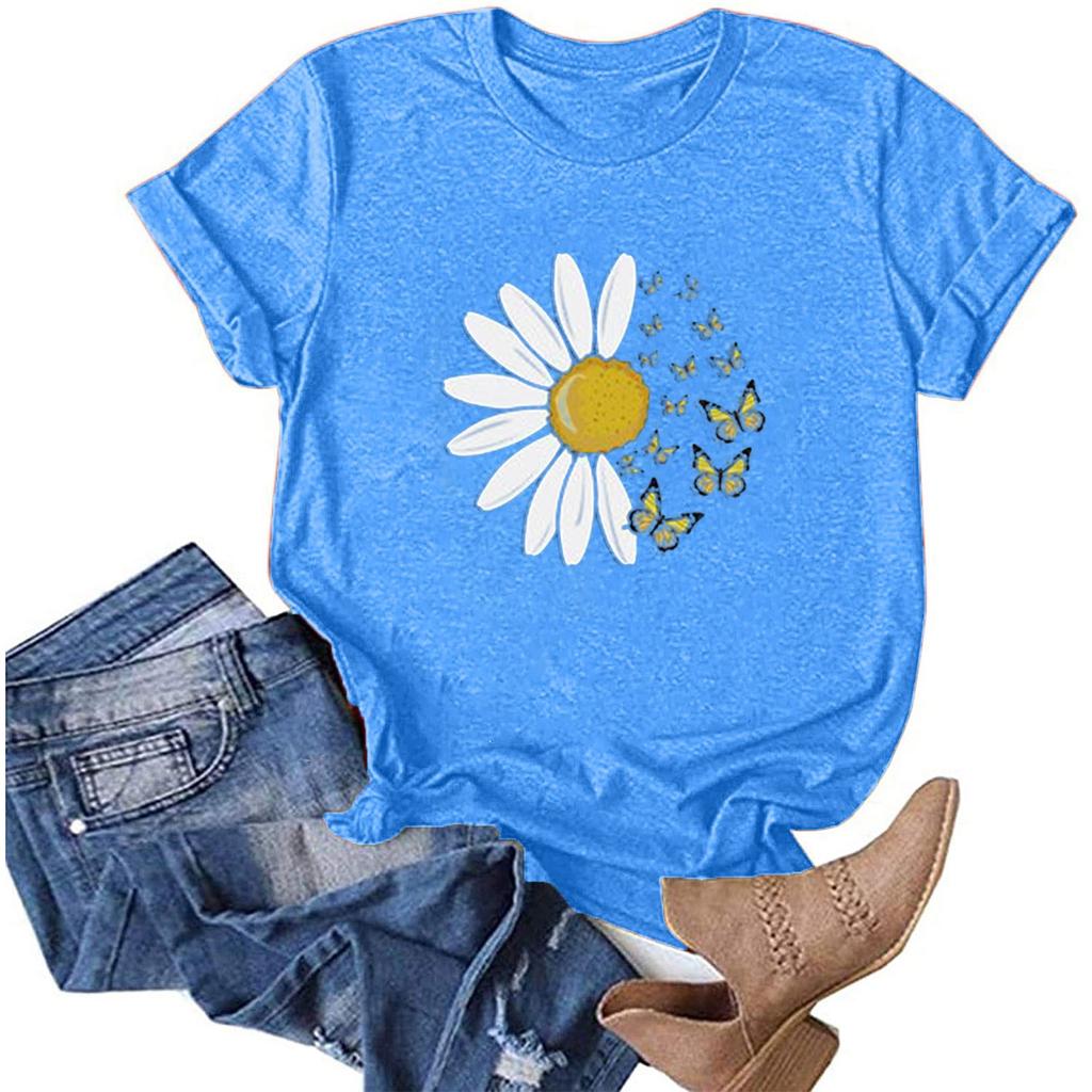 Adult Fashion Woman Round Neck Short Sleeve Tops T-Shirt Prints Loose Short