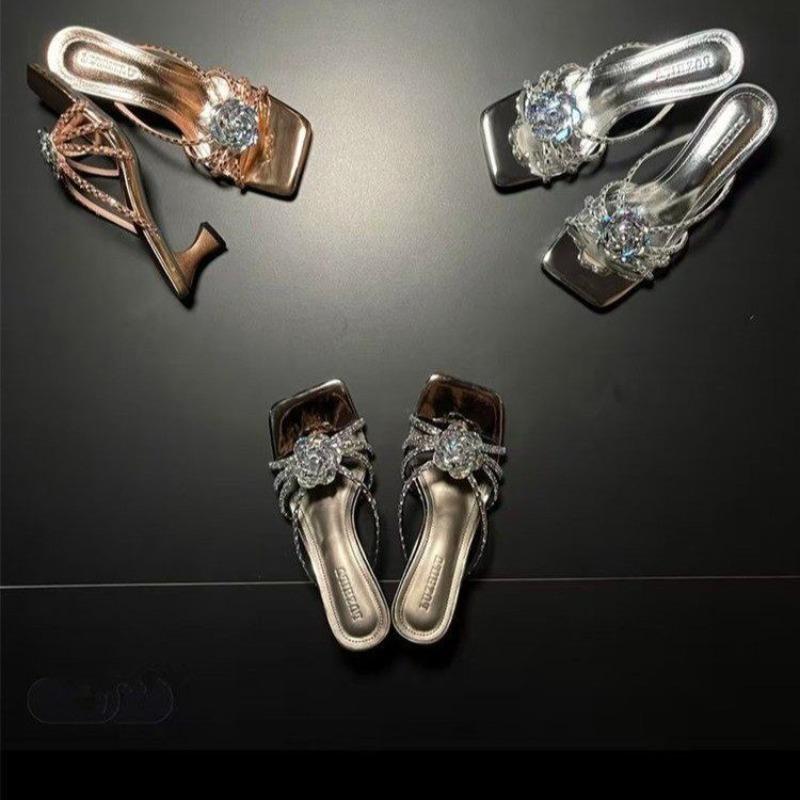 Summer Silver Sugar Cube Rhinestone High Heel Cool Slippers with Square Head High Heels Temperament Thick Heel Sandals Women