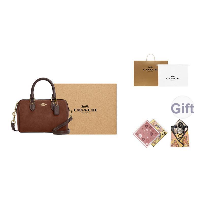 Coach Rowan 17 Gold Logo Suede Leather Boston Cylinder Handbag Small Vintage Brown Women Handbags CCF29-IME0S