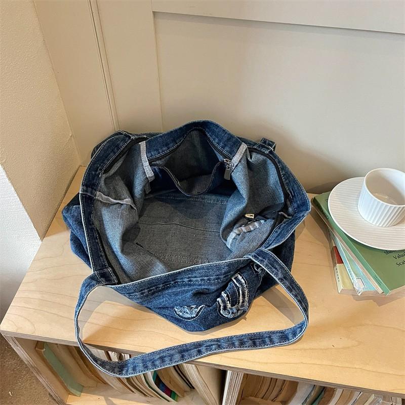 Denim Tote Bag Women Large Capacity Shoulder Handbag Urban Chic Canvas Daily Use