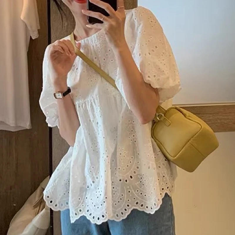 Women Summer French Style Embroidery Hollow Out Shirt White Lace Blouse for Short Puff Sleeve Tops Round Collar