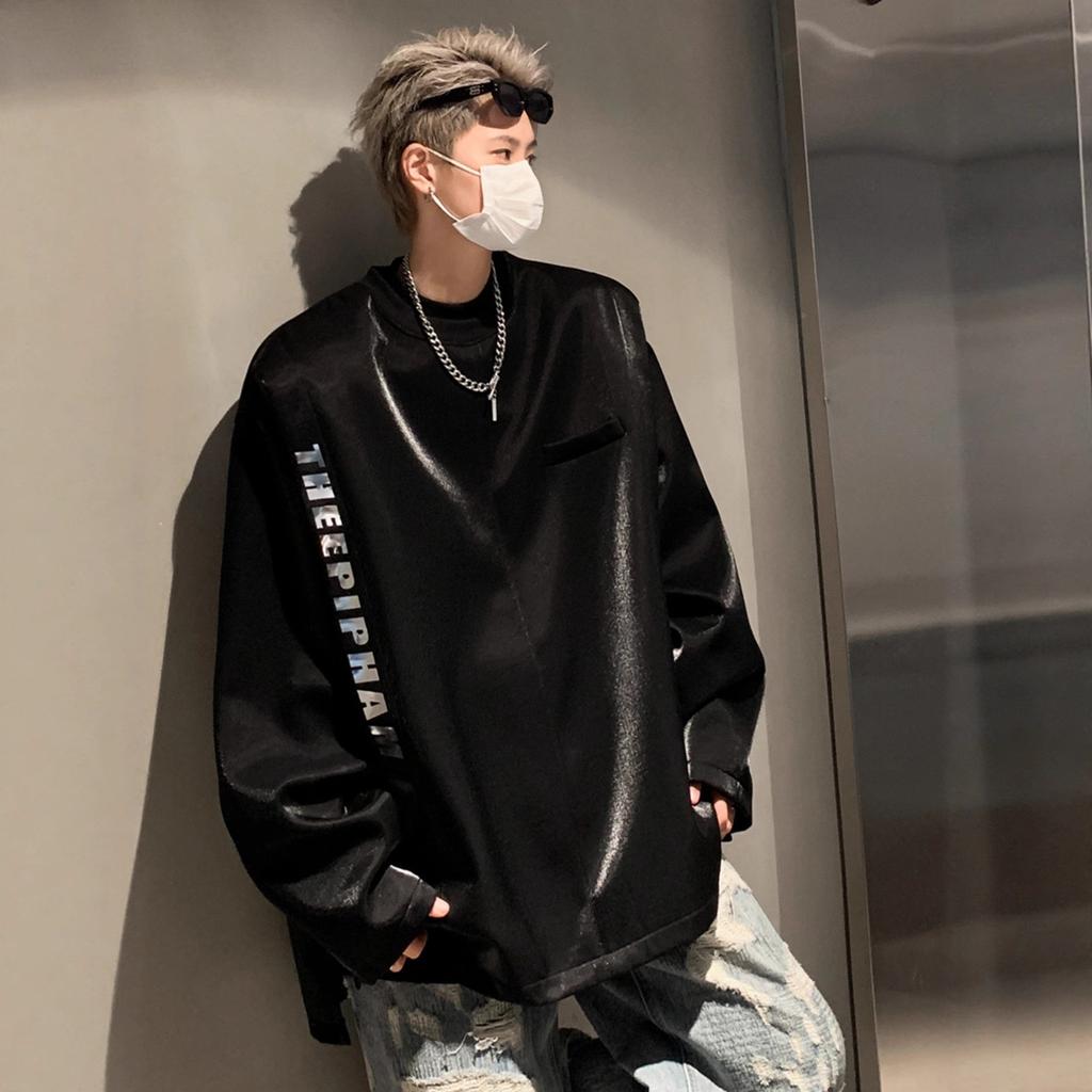 Fake Two Sweater Men's Niche American Letter Round Neck Autumn Coat Loose Inside