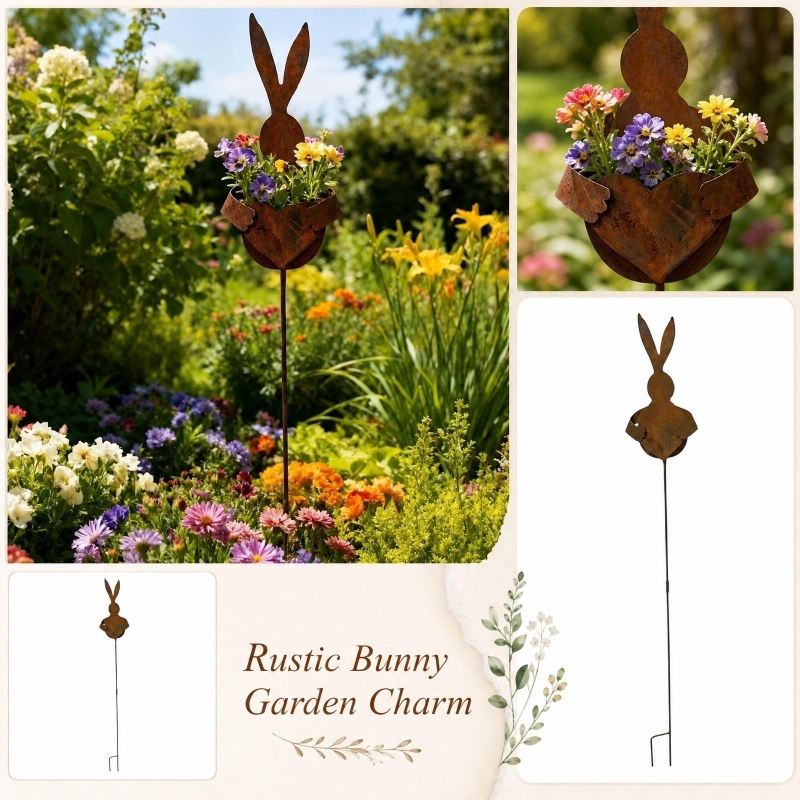 Vintage Style Rusted Metal Rabbit Garden Stake with Heart-Shaped Planter Decoration for Outdoor Lawn Patio Yard Use one size