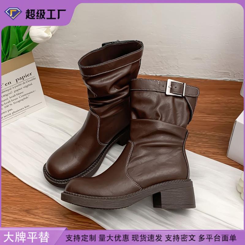 Korean version of knight boots women's belt buckle pleated piled boots comfortable soft sole not tired feet British style thick-soled Martin boots