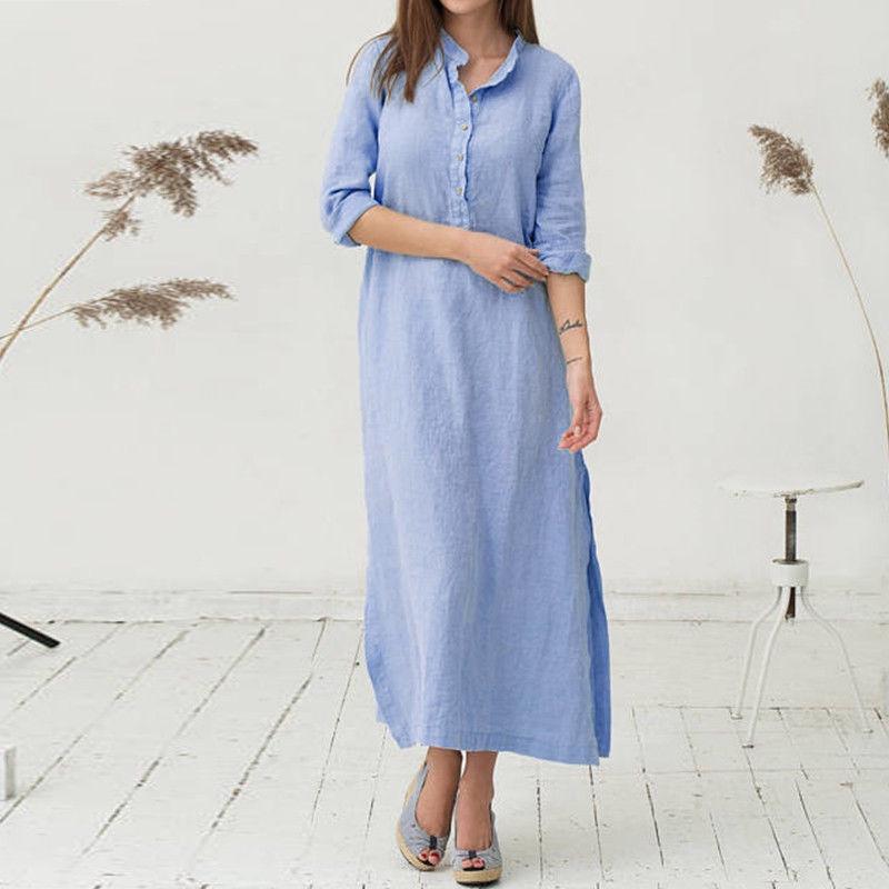 Luxusní dámský kaftan Bavlna Dlouhý rukáv Jednobarevný Ležérní Oversized Maxi košilové šaty