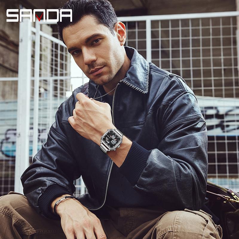 SANDA 9101 Fashion Men's Dual Movement Watch Square Dial with Steel Strap Multifunction Waterproof Casual Male Wristwatch Gift