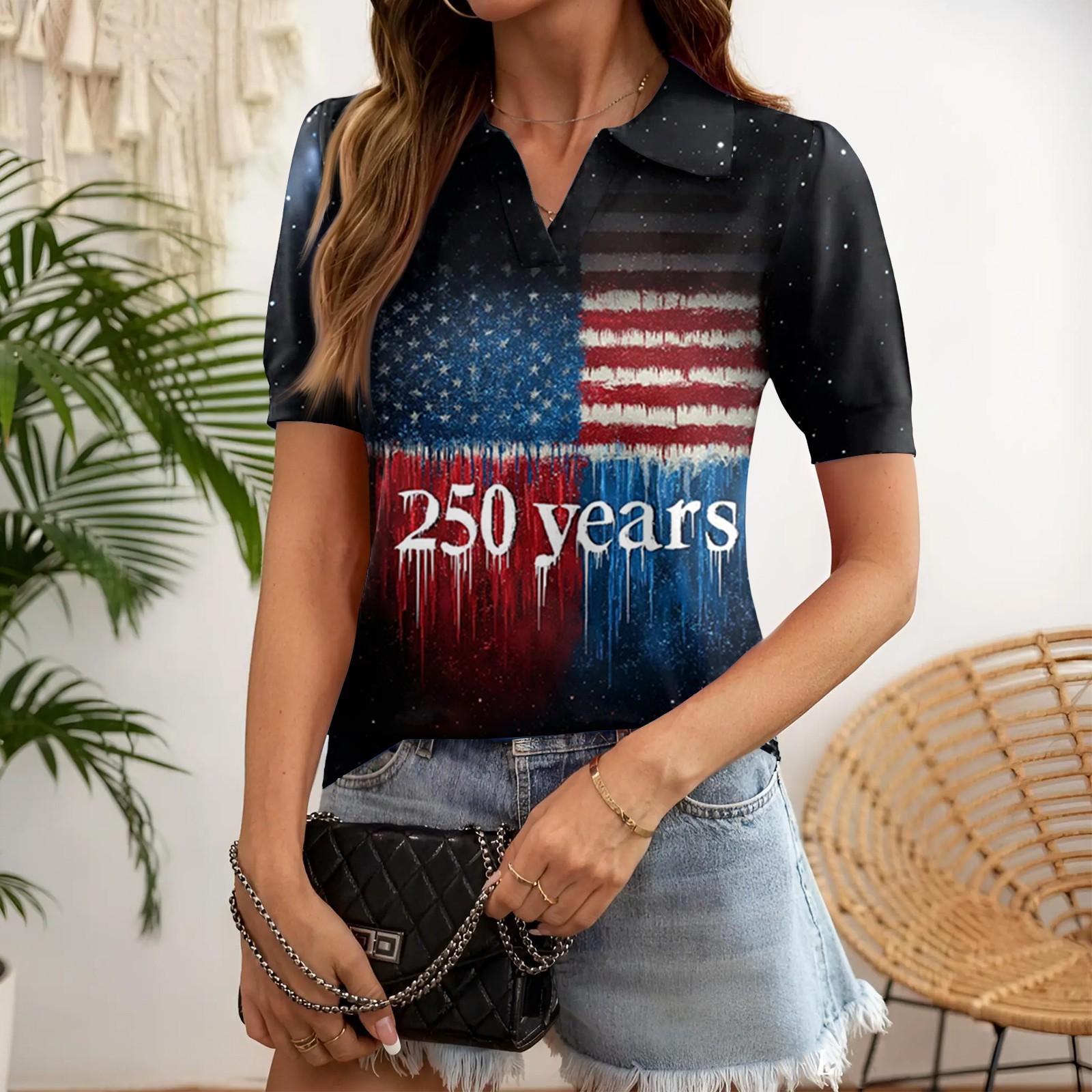 Women V Neck Casual Short Sleeve Shirt Independence Day Star Print Lightweight Loose Fit Top for Summer S чёрный