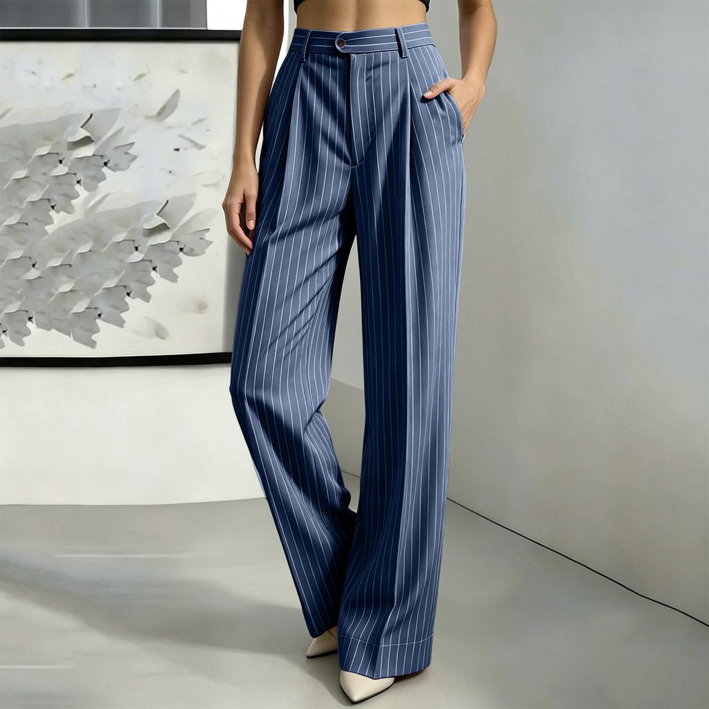 Women's Striped Suit Pants with Elastic Waistband and Button Front for Work