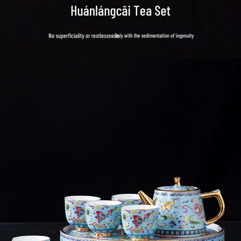 Qian Yu Enamel Ceramic Tea Set with Stone Tray