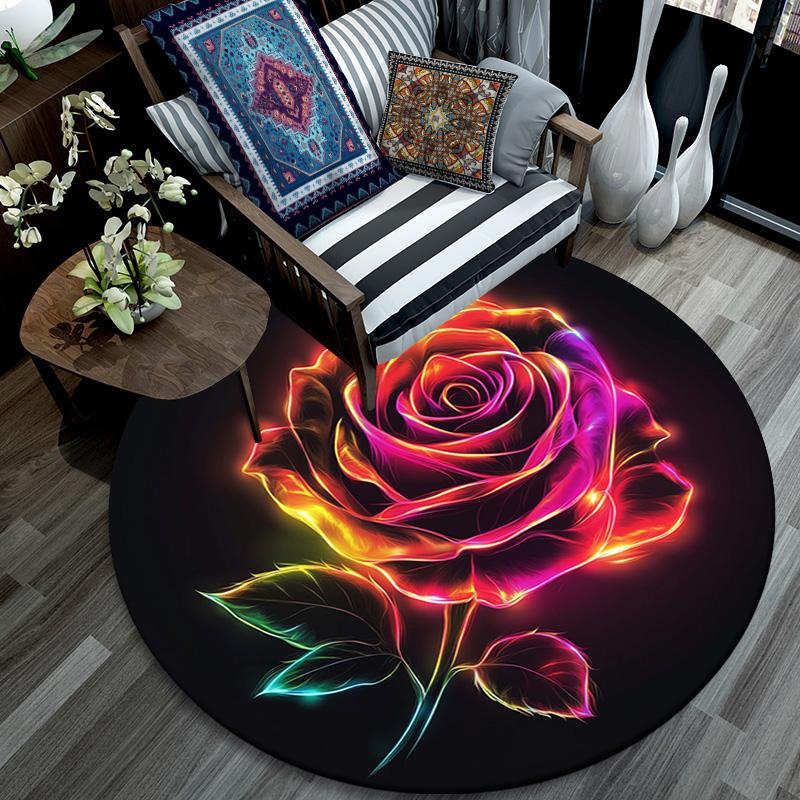 Rainbow Rose Round Area Rug,Carpet Rug for Living Room Bedroom Sofa Playroom Decor,Non-slip Floor Mat