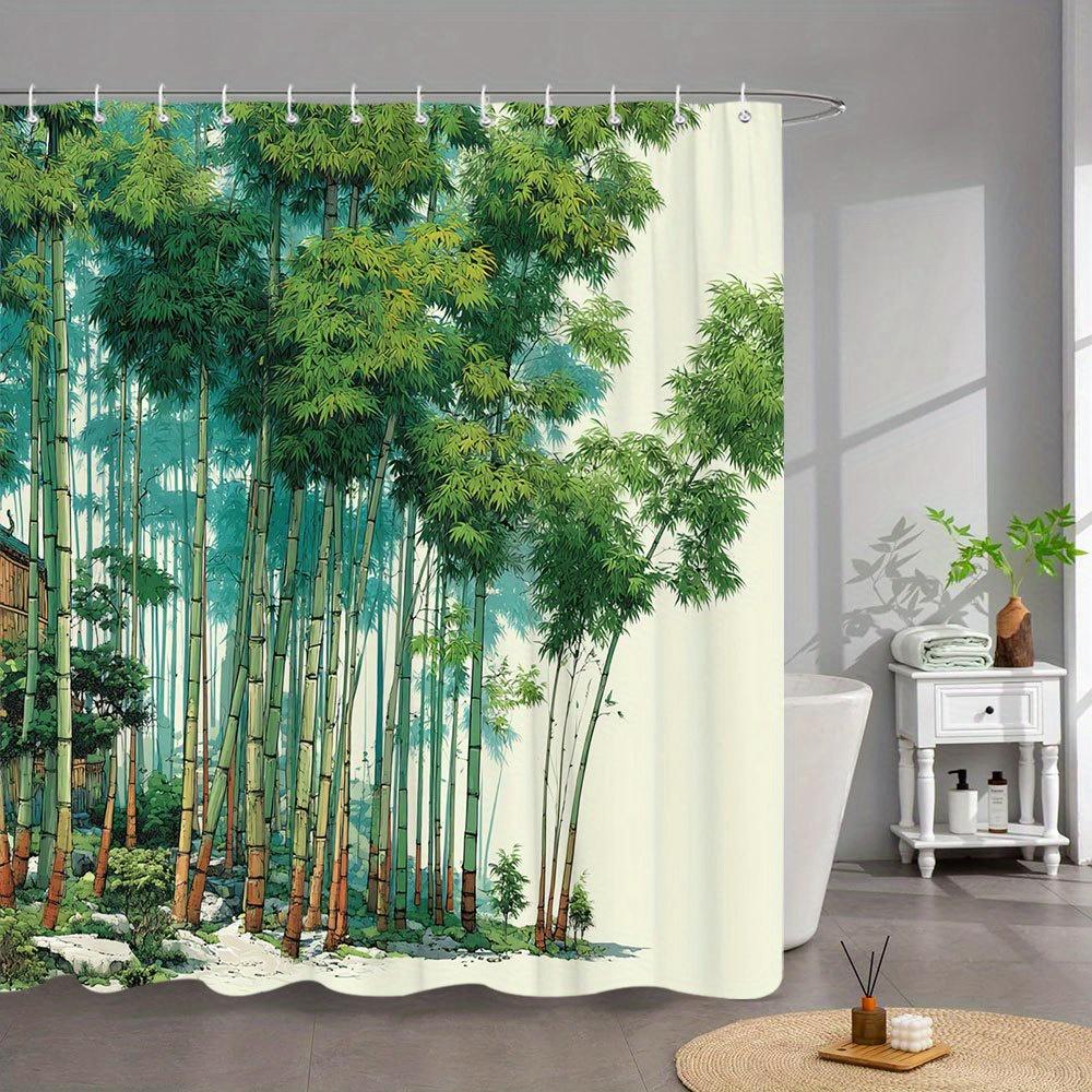 

1pc Japanese Bamboo Bath Curtain - Ukiyo-e Style Digital Art with Tall Slender Stalks, Green Leaves & Rustic Wooden Hut Design, 90x180cm