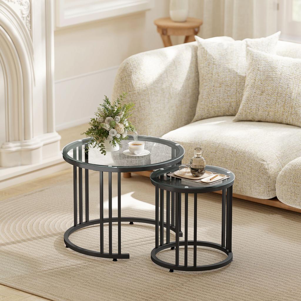 Round Coffee Tables Set Of 2 Nesting Tables With Tempered Glass Top And Steel Frame Black