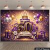 2D Purple Gold 50th Birthday Backdrop, Elegant Crown & Cake Party Background Cloth
