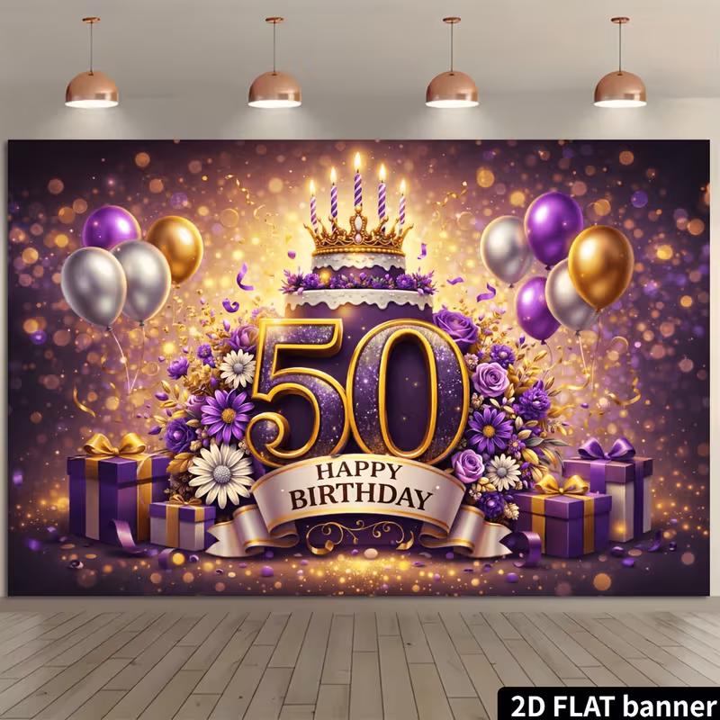 2D Purple Gold 50th Birthday Backdrop, Elegant Crown & Cake Party Background Cloth