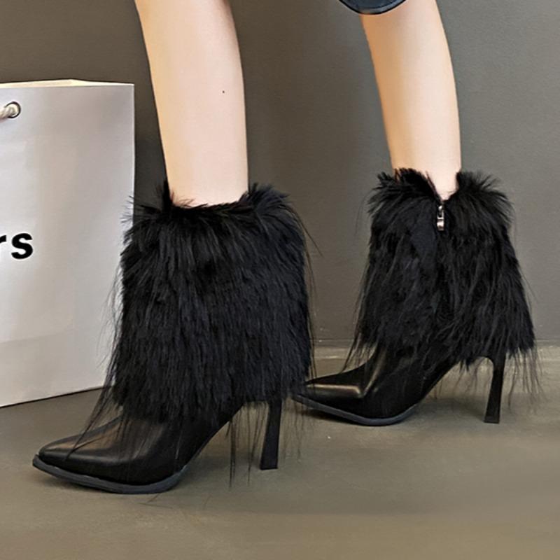 Pelz Super High Heels Stiefeletten Schneestiefel Neue Spitzschuhe Winter 2025 Trend Elegante Partyschuhe Mode Sexy Pumps Botas Mujer