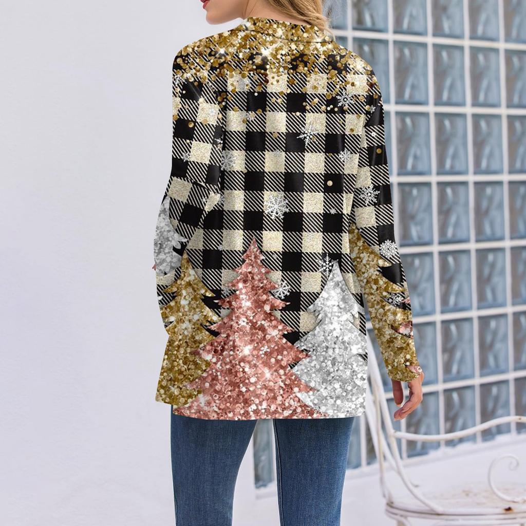 Damen Weihnachten Bedruckter Leichter Cardigan Langärmlig Lässig Locker Dünne Passform Mit Taschen Cardigan Jacke